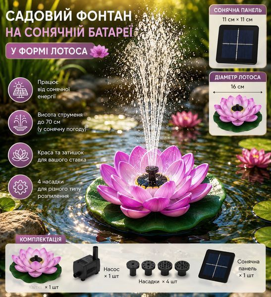 Фонтанчик садовий ЛОТОС Декоративний фонтан у формі Лотоса Фонтан садовий Лотос із сонячною панеллю Фонтан для саду + 4 насадки | HappyShop 2463 фото