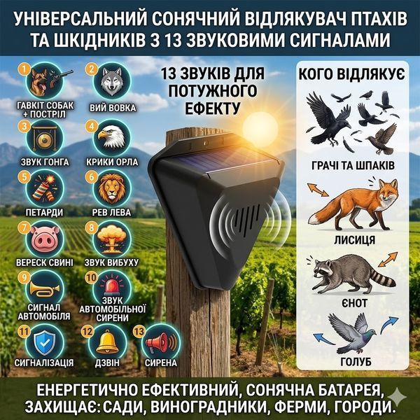Відлякувач птахів на сонячній батареї Сонячний ультразвуковий і звуковий відлякувач птахів і тварин на сонячній батареї | HappyShop 2475 фото