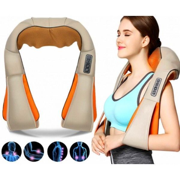 Масажер для шиї спини з ІЧ-підігрівом | Massager of neck kneading Plus | Роликовий масажер-накидка на плечі | HappyShop 1061 фото