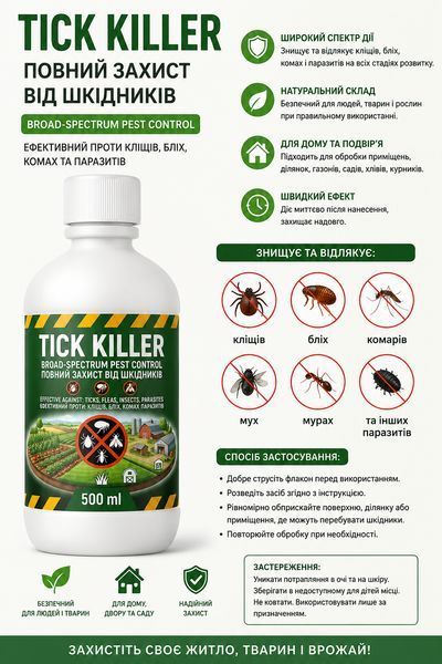 Інсекцид Tick Killer Засіб проти кліщів і бліх Tick Killer 500 мл ефективний спрей для оброблення території та захисту тварин | HappyShop 2490 фото